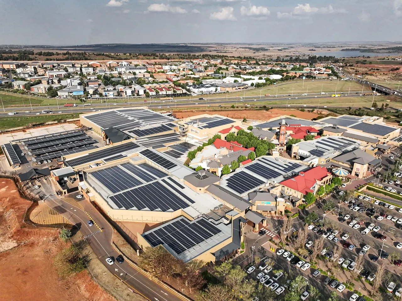 Irene Village Mall rooftop and carport solar, aerial view, Centurion