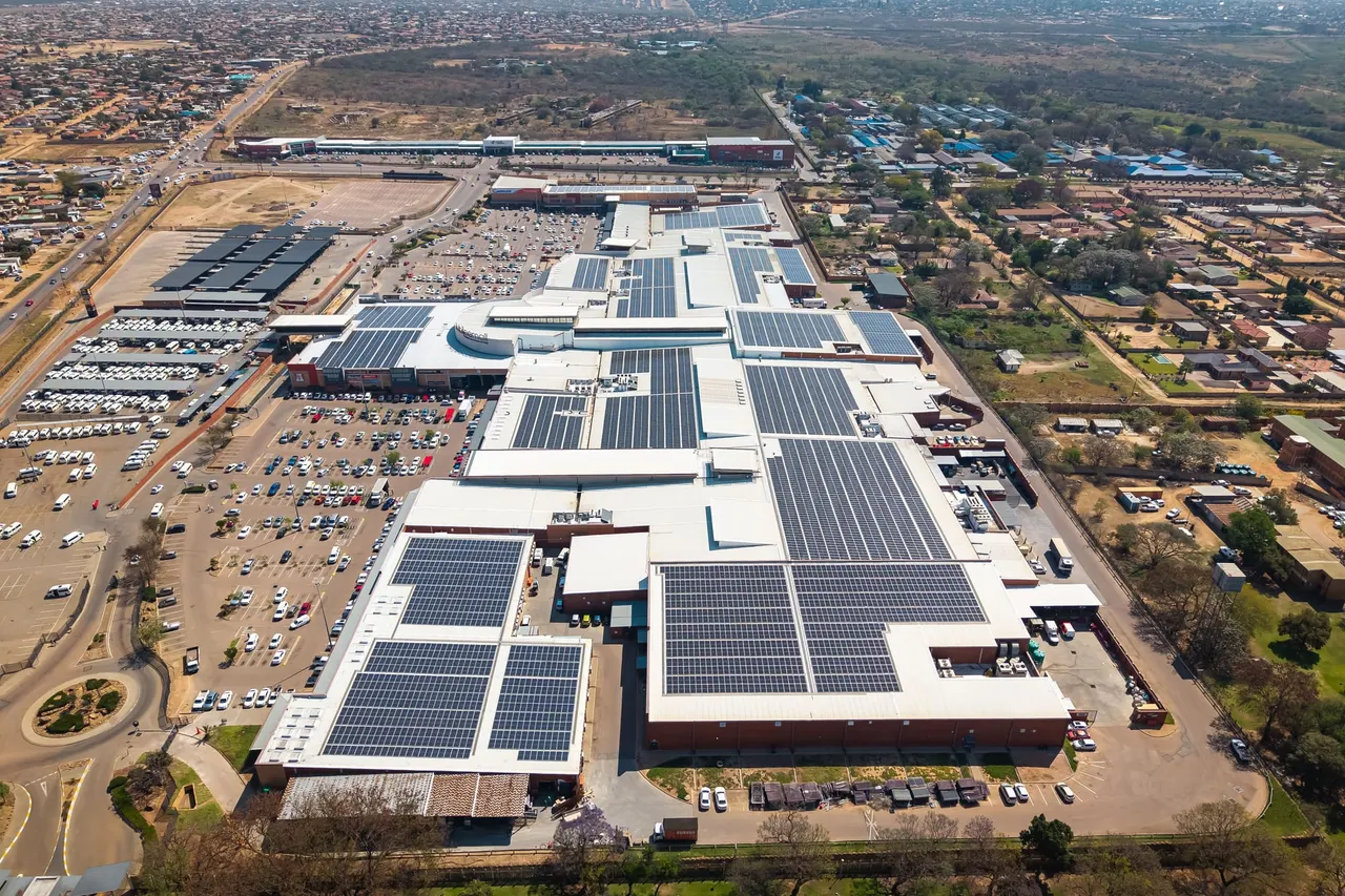Jubilee Mall rooftop solar array, aerial view, Hammanskraal