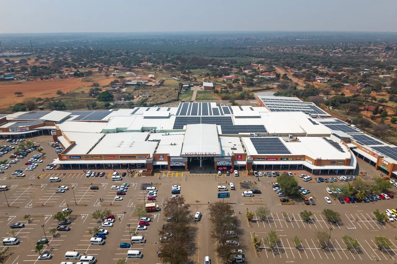 Moruleng Mall rooftop solar array, aerial view, Moruleng, North West